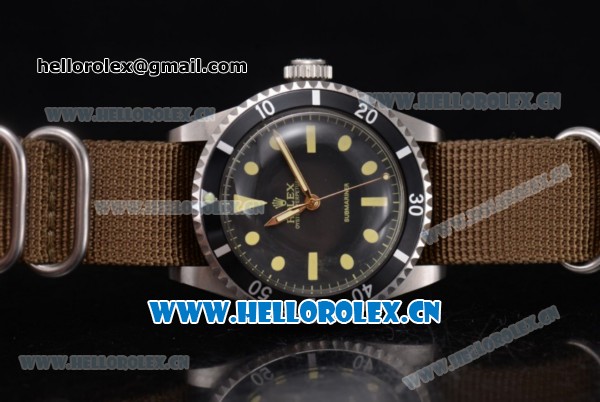 Rolex Submariner Vintage Asia 2813 Automatic Steel Case with Black Dial Army Green Nylon Strap and Dot Markers - Click Image to Close